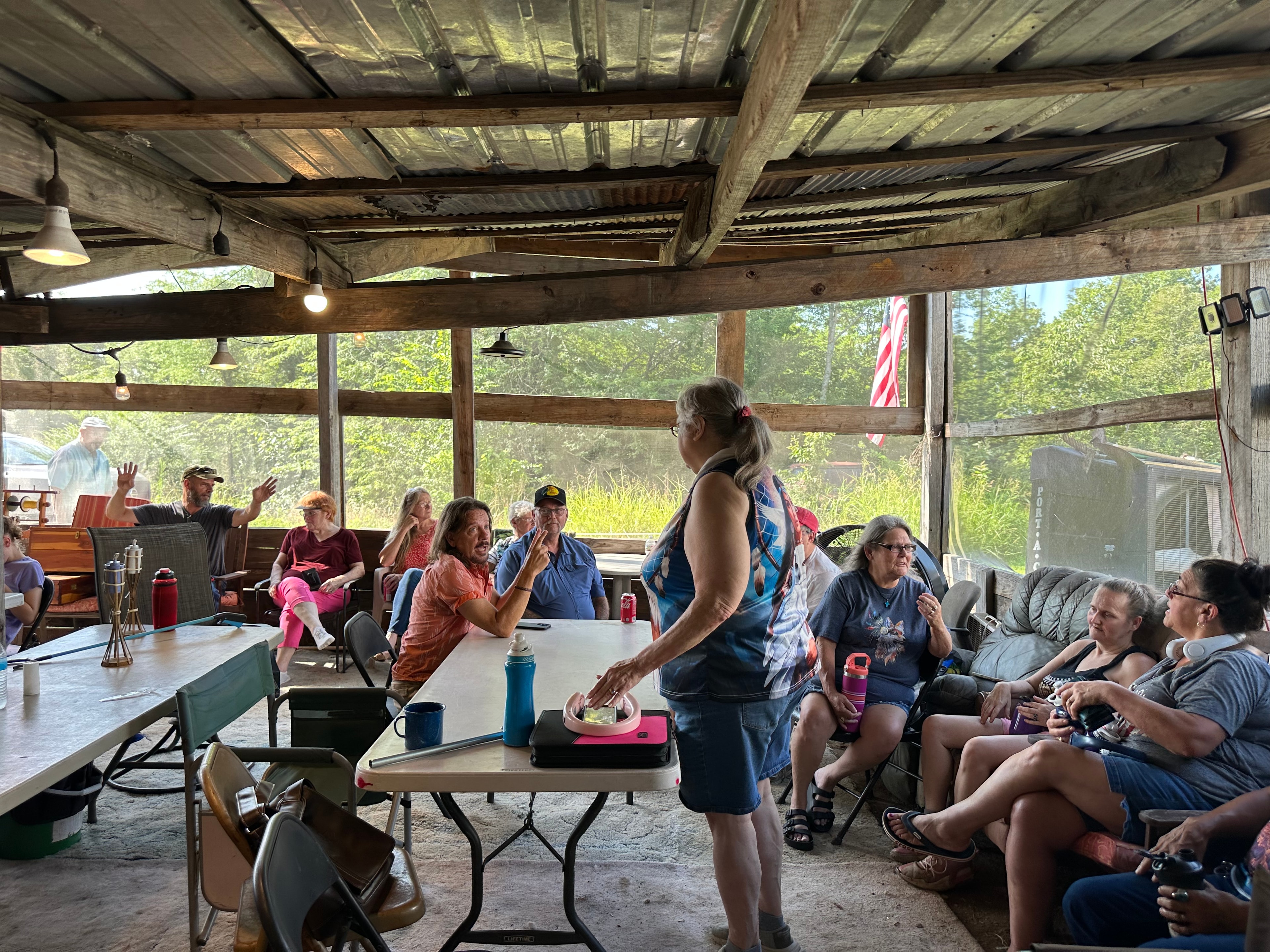 Tribal members meeting inside the pavilion at Green Tree Ceremony July 11, 2026