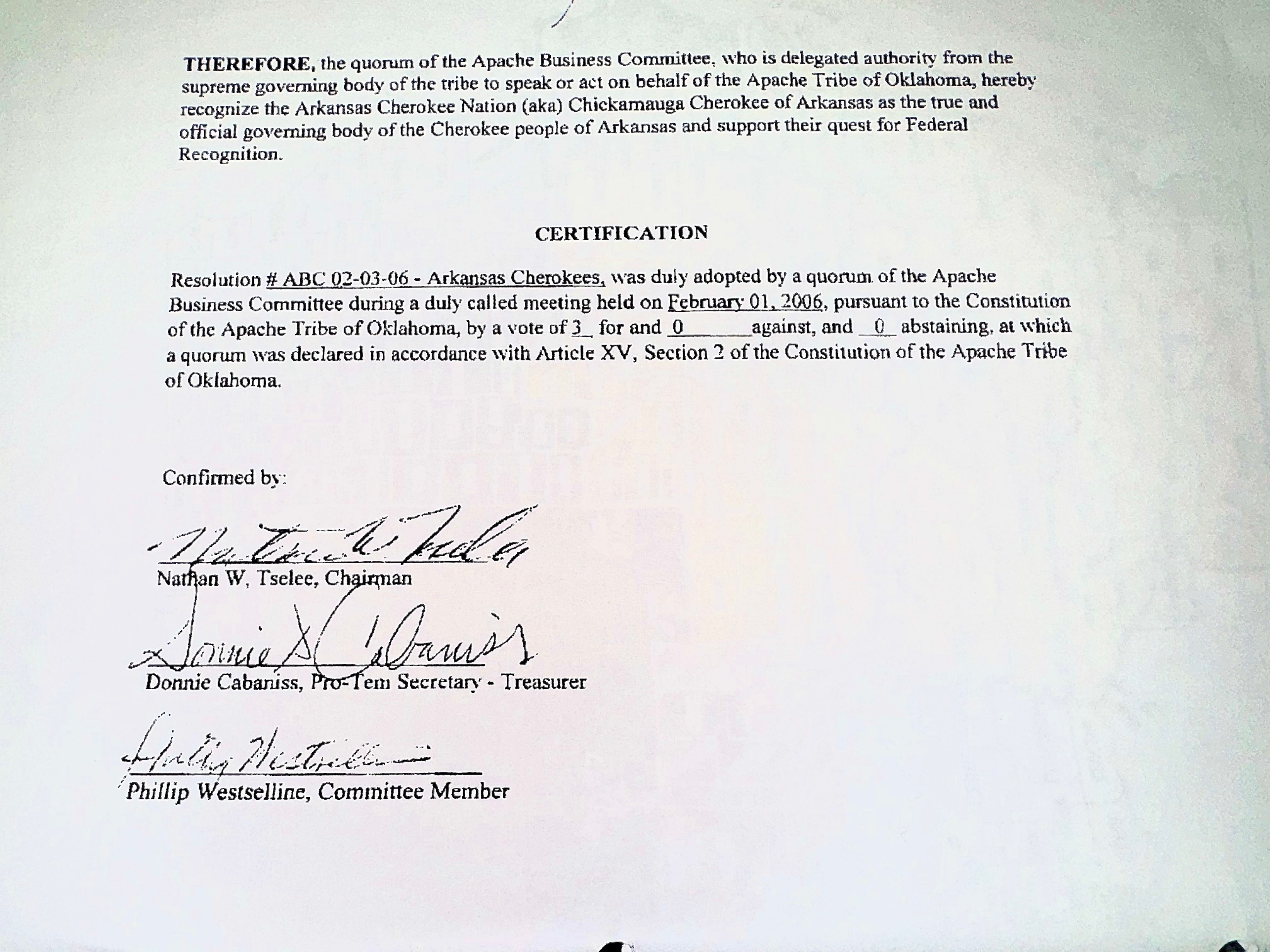 Apache Tribe of Oklahoma — Certification
