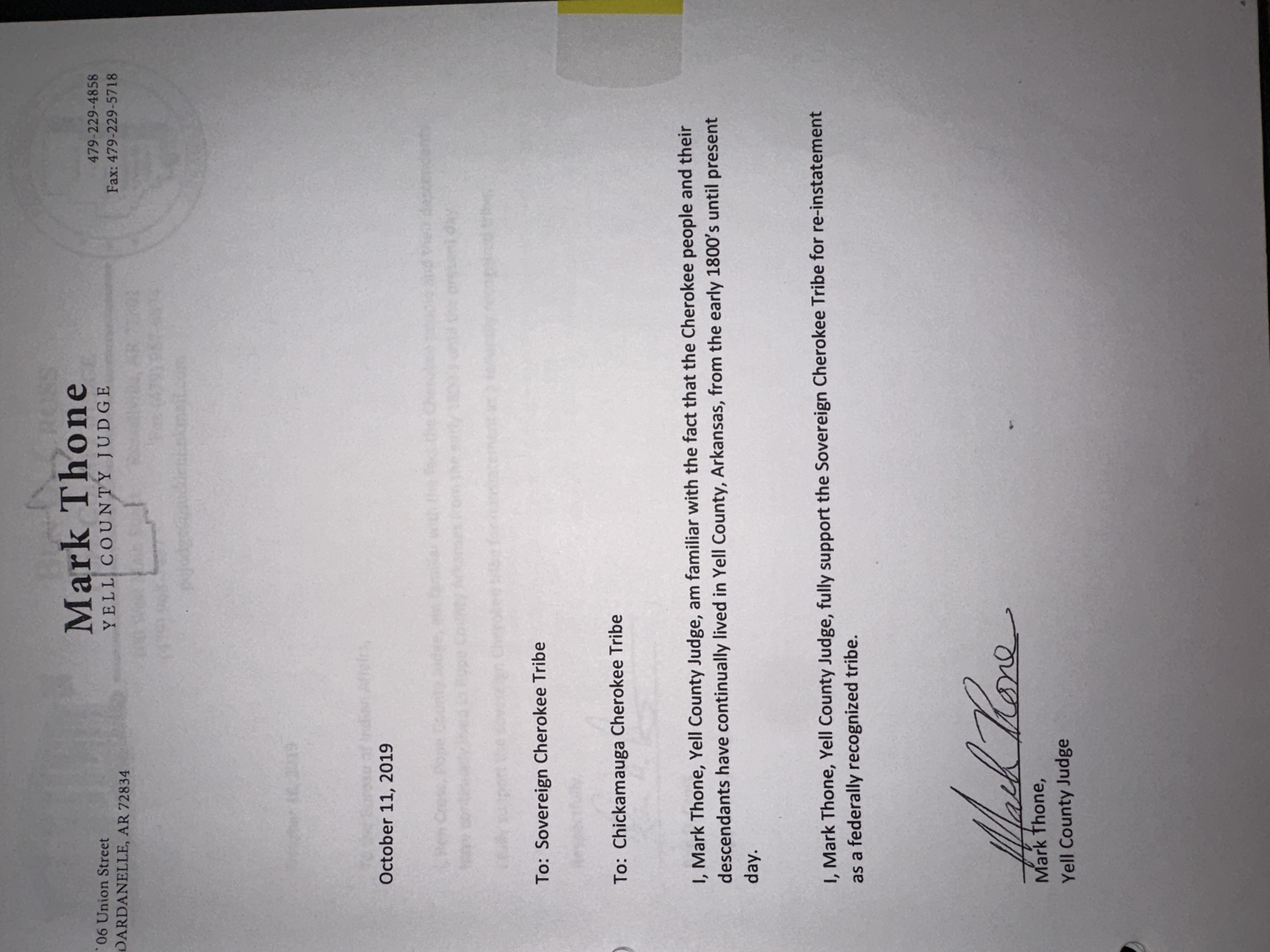 Letter of Support — Yell County Judge Mark Thone (2019)