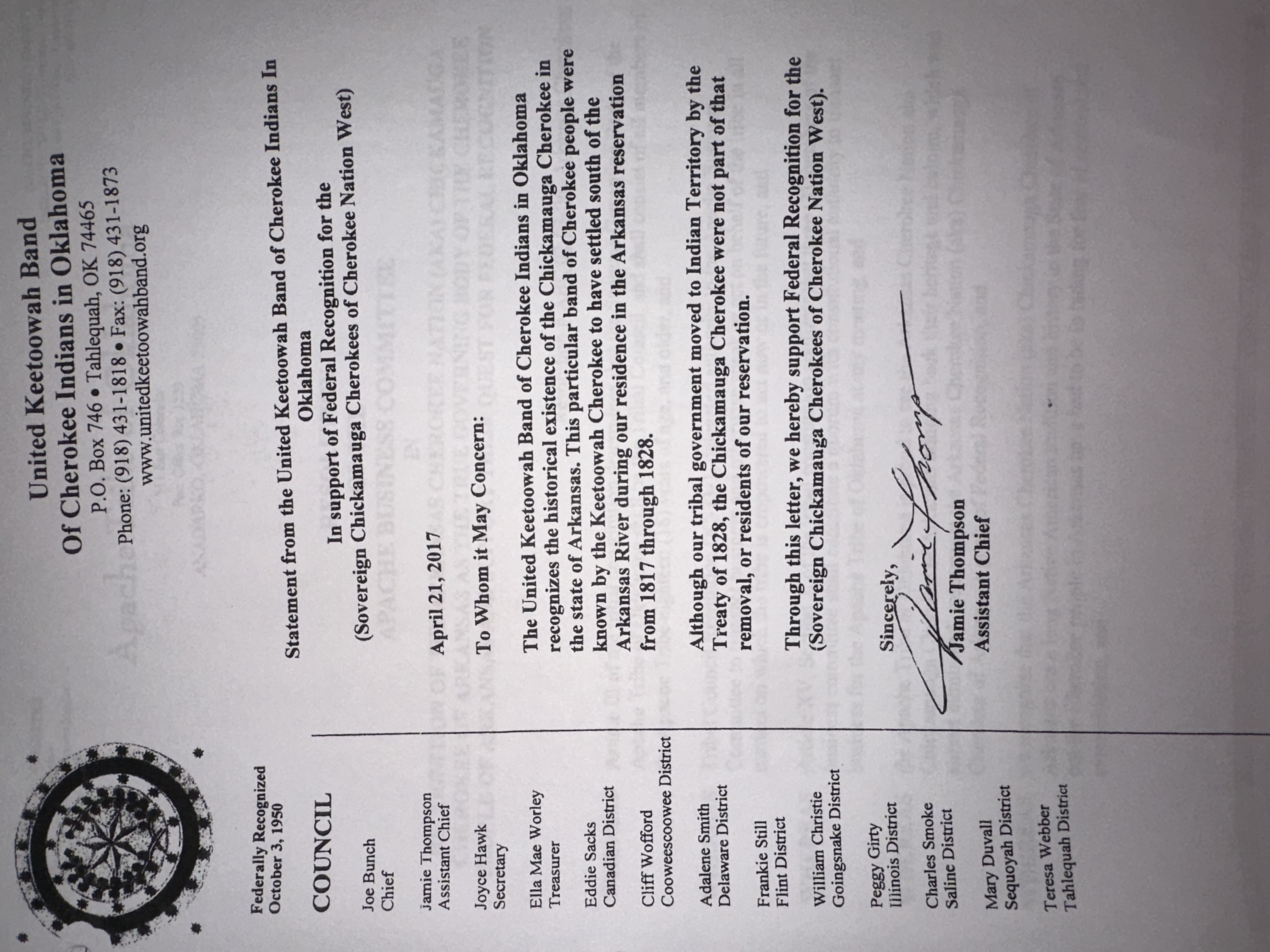 Letter of Support — United Keetoowah Band (2008)