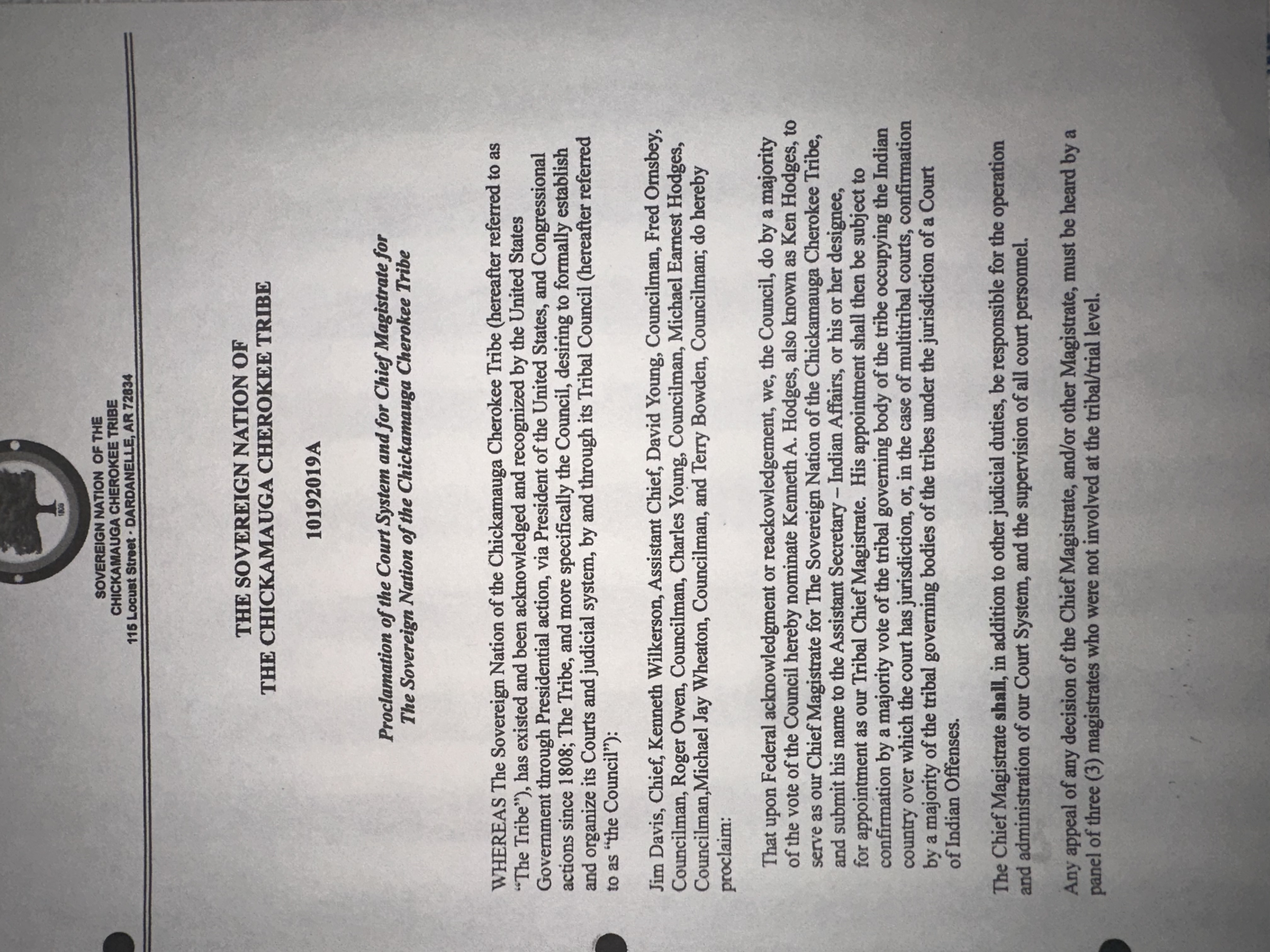 Proclamation of the Court System & Chief Magistrate — Document 10192019A
